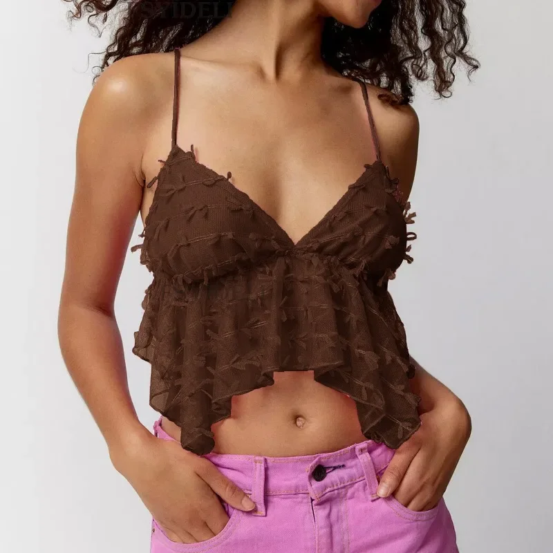 Y2k Women Fashion Lace Camisoles V-Neck Sleeveless Tie-Up Backless Tank Tops Summer Vests Crop Tops Streetwear 2024 New YDL34