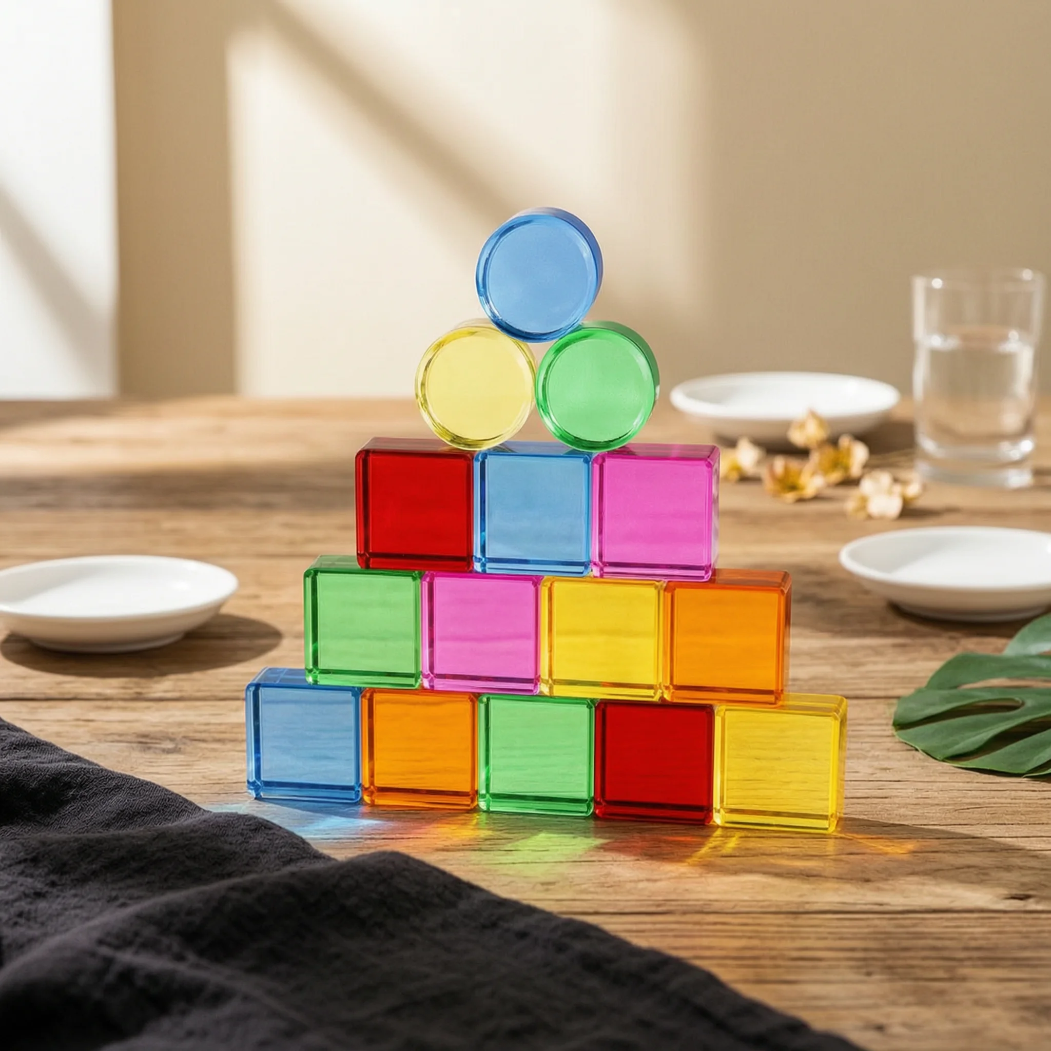 Wooden Building Toy with Acrylic Inserts Stackable Sensory Blocks with Colored Panels Stacking Toy Educational for Toddlers