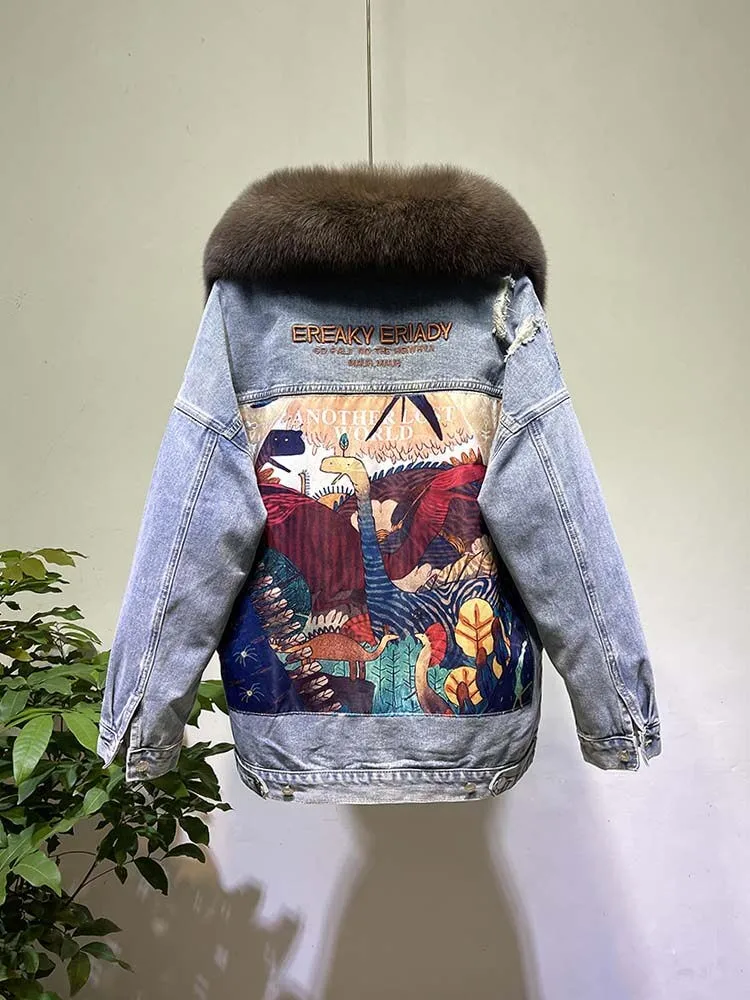Nouvelles femmes hiver chaud doudoune véritable col de fourrure de renard détachable Denim vers le bas manteau imprimé Patch conceptions coupe-vent vestes bouffantes