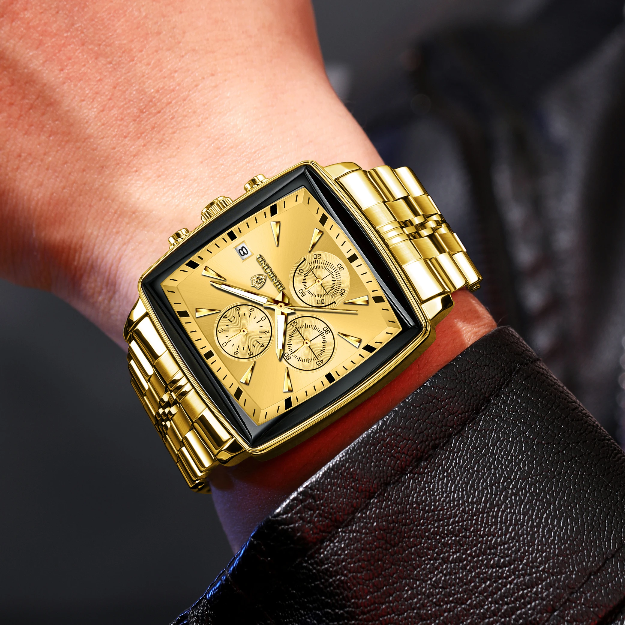 BINBOND ساحة ساعة رجالي مقاوم للماء ضوء الليل كرونوغراف التقويم ساعة رجالي الفولاذ المقاوم للصدأ كوارتز ساعة رجالي + صندوق Reloj