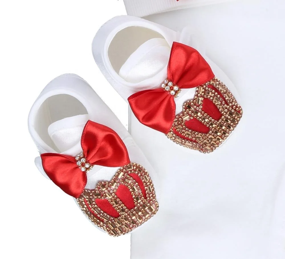 Footed Romper Newborn 0-9 Months 4 Piece Set White Red Gold Crown Bow Prince Royal Boutique Baby Shower Gift With HatMittenShoes