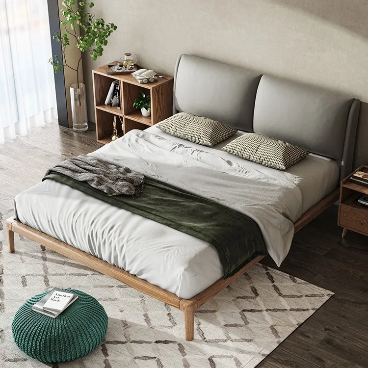 Solid wood leather bed simple modern ash wood 1.8M master bedroom soft bag double wedding bed space saving flush edge bed
