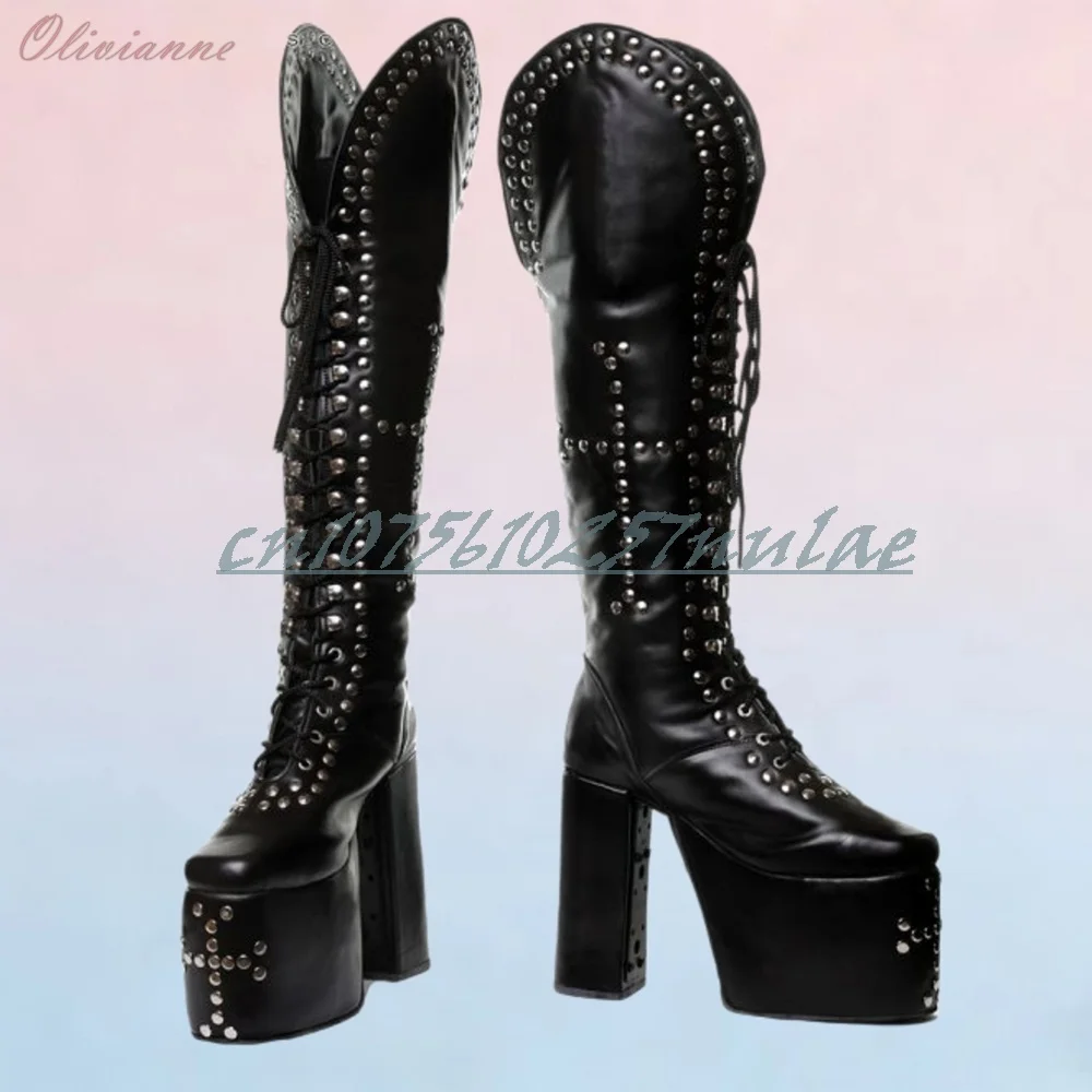 

Punk Style Metal Round Rivets Decor Mid Calf Boots Platform Chunky High Heel Cool Front Lace-up Women Shoes 2026 Black PU