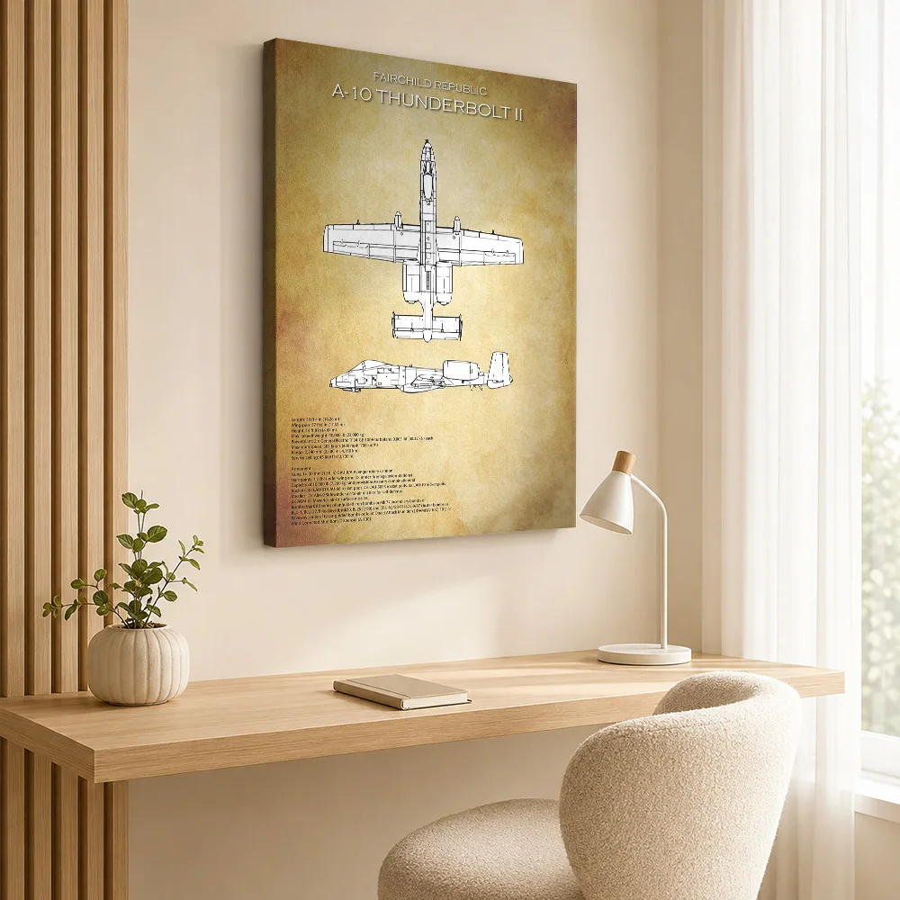 A10 Thunderbolt II Technical Specs Framed Canvas Print Personalized Photo Vintage Monochrome Linework Wall Art For Home Office