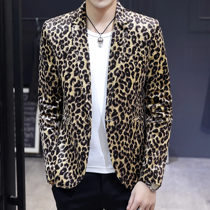 

High Quality Blazer Men's Leopard Print Elegant Fashion Party Shopping Premium Simple Business Casual Gentleman Slim Fit Jacket