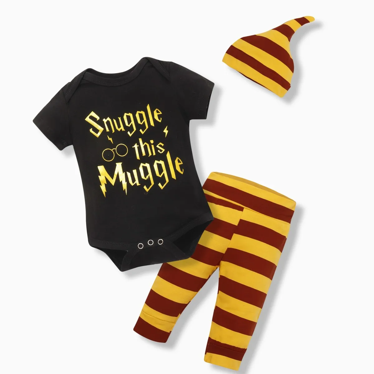 3Pcs Baby Outfit Set, Euro-American Style, Black Long/Short Sleeve Bodysuit with Gold Letter Print, Casual Infant Clothes