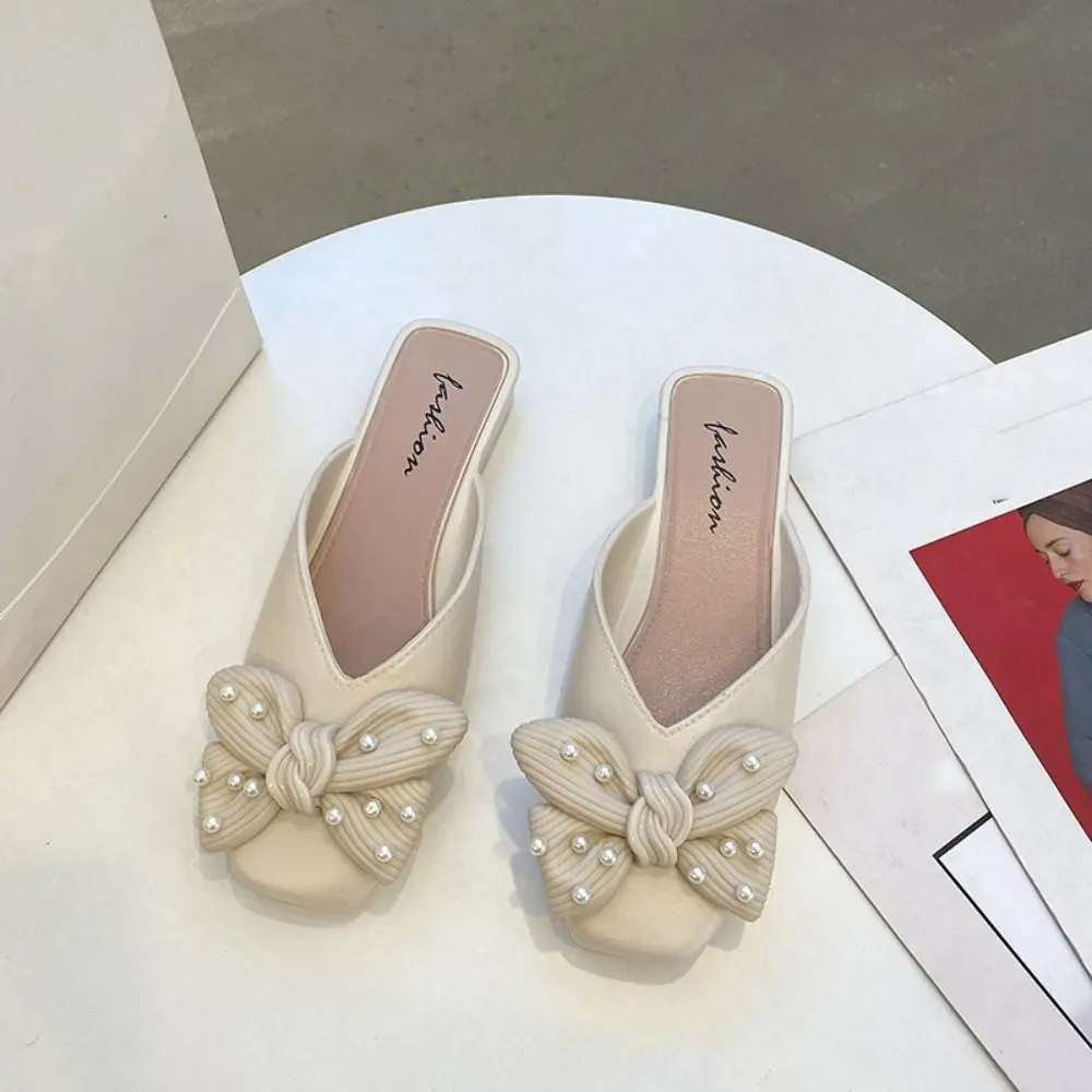 Korean Style Anti Slip Leather Slippers Women Pearl Beads Shoes Slides Sandals Soft Soled Sweet Bowknot Flat Slippers Ladies