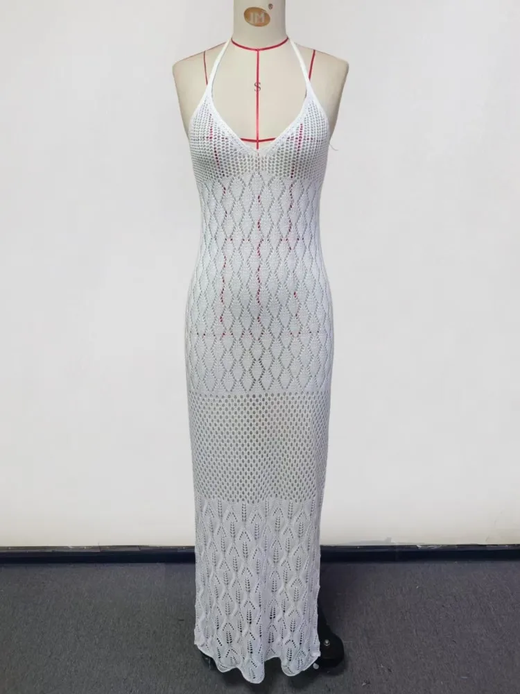 

Sexy Women Long Knit Beach Dress Hollow-Out Deep V-Neck Sleeveless Bikini Cover-Ups Dress Fall Backless Holiday Dress 2026
