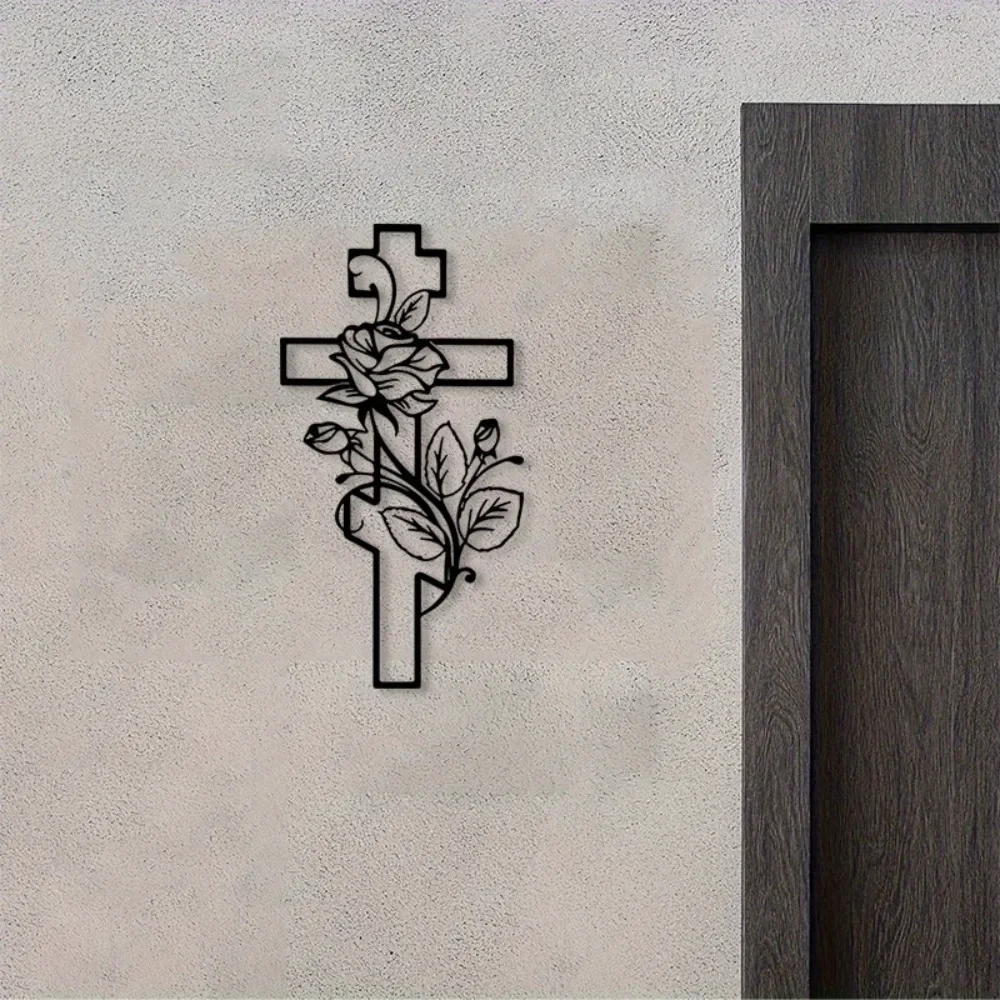 CIFBUY Rose Cross Metal Wall Art Black Iron Religious Sculpture Mural Kitchen Living Room Christian Gift Home Decor Hanging
