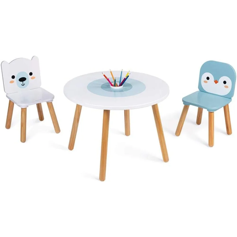 

Table and 2 Wooden Ice Floe Chairs - Round Children's Table with Removable Pencil Holder