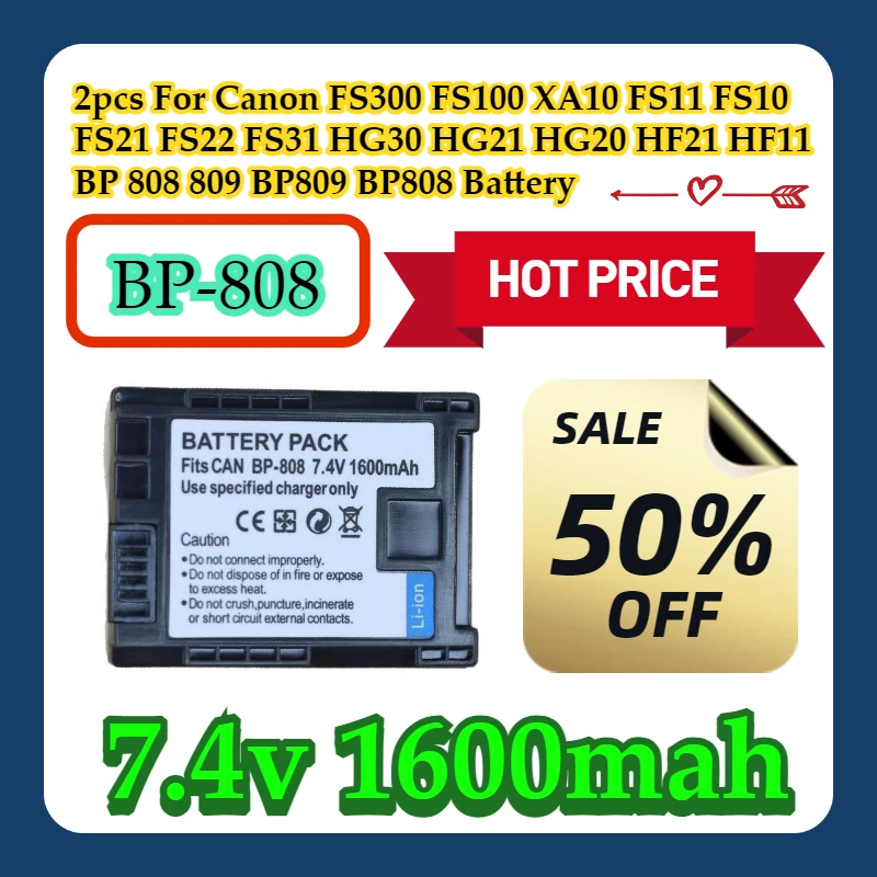 

2pcs For Canon FS300 FS100 XA10 FS11 FS10 FS21 FS22 FS31 HG30 HG21 HG20 HF21 HF11 BP 808 809 BP809 BP-808 BP808 Battery