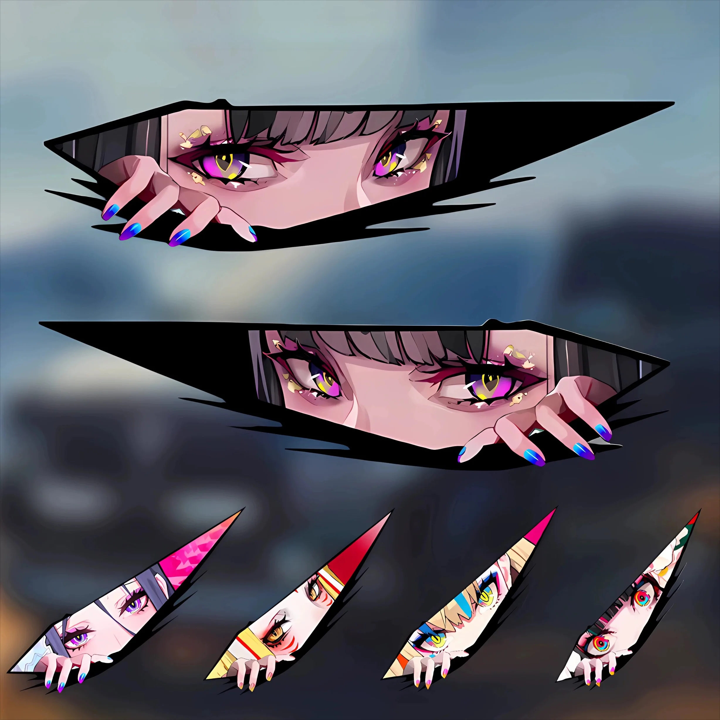 

2pcs Symmetrical Anime Peeking Eye Stickers, Holographic 2D Vinyl Decals for Motorcycle, Car, Computer Case & Vehicle Decoration