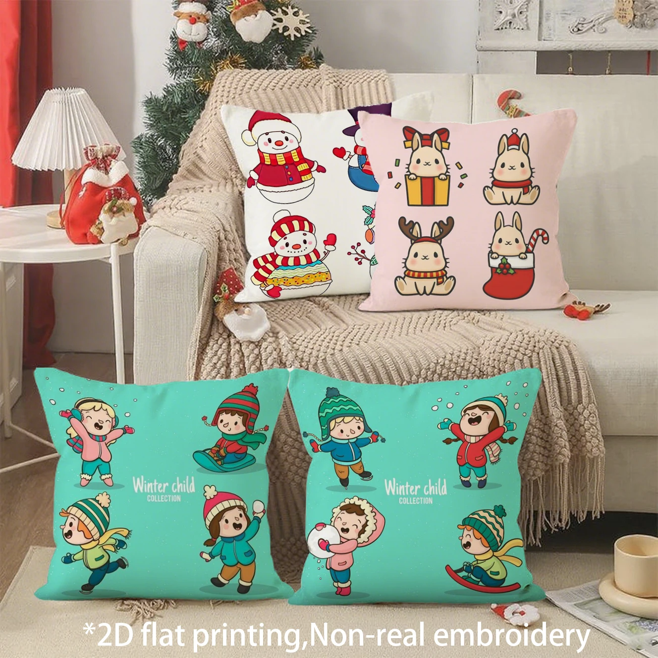 Christmas Cute Cartoon Throw Pillow Covers Pattern Cushion Cover Suitable for Sofa Bedroom Car Pillow Cover