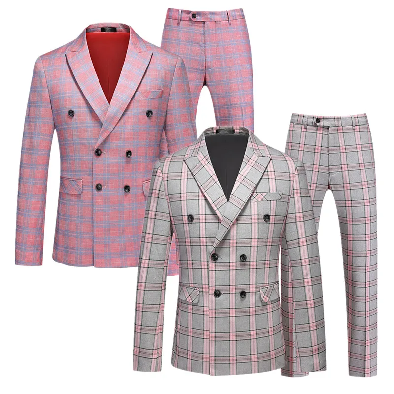 (Jacket + Pants) Men Wedding Party Double Breasted Suit 2 Piece 2024 New Male Slim Fit Flip Collar Formal Dress Set