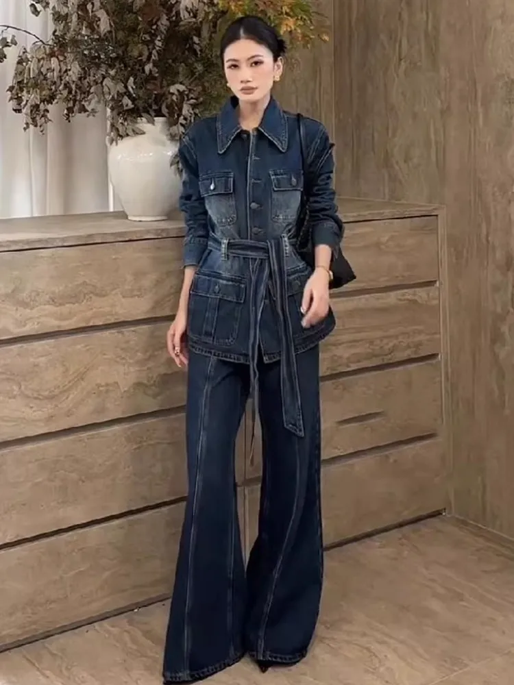 الخريف متعدد جيب الزنانير النساء الدنيم سترة مجموعات طويلة الأكمام كاوبوي دعوى سترات طويلة قطعتين مجموعة واسعة الساق كامل طول بانت