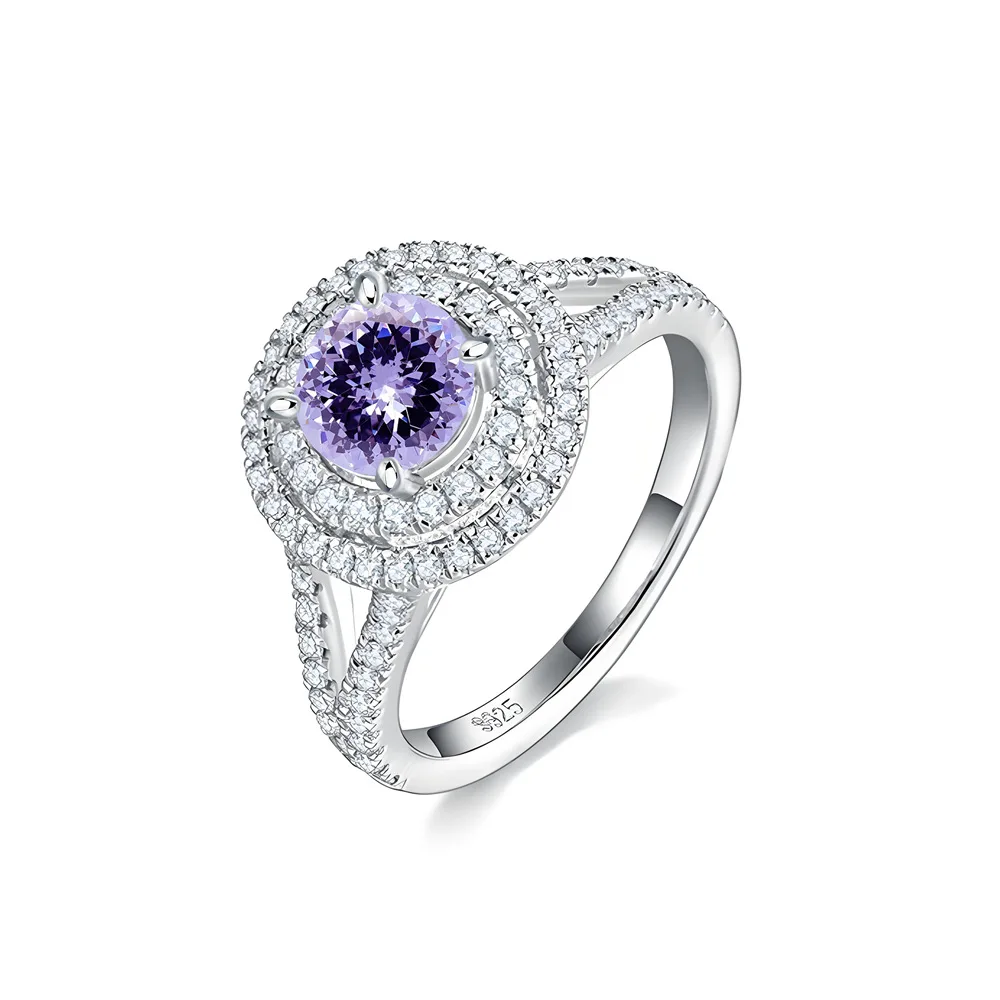 Seiko Double Layer Microset Round 925 Silver Ring Women's Purple Diamond Kaleidoscope High Carbon Diamond Ring