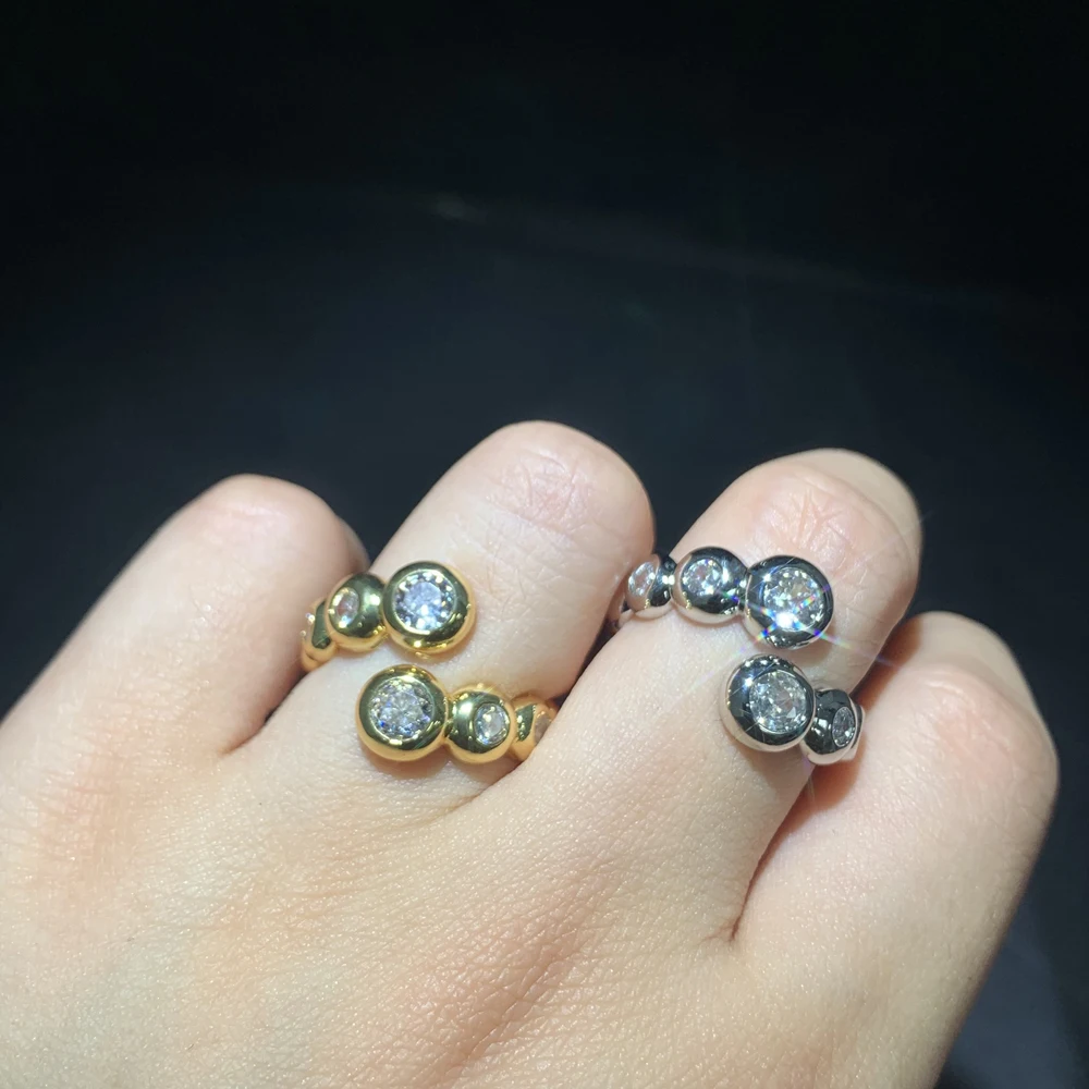Open Adjusted CZ Ring For Women Wholesale Factory Price Full Paved Sparking 5A CZ Gold Color Round Ball Finger Jewelry