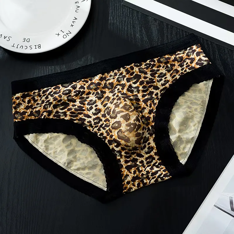Men's French Lace Briefs Sexy 3D U Convex Pouch Underpant Summer Thin Ice Silk Breathable Underwear Low-rise See Through Panties