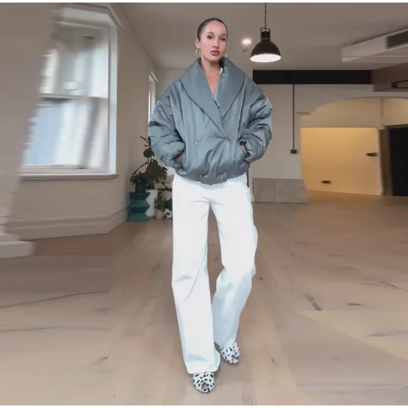 Übergroße Gesteppte Jacke mit Revers für Damen, Streetwear, Langarm, Doppelreihig, Locker Sitzende Mäntel, Modische Damen-Oberbekleidung, Neuheiten – Detail 2