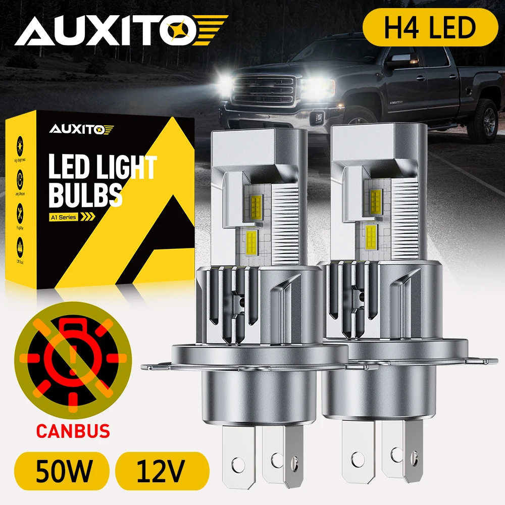 2Pcs AUXITO H4 LED Headlight 50W 12V Bulbs 6500K Canbus For Cars High and Low Beam 9003 HB2 Lamps Powerful Super Bright Fanless
