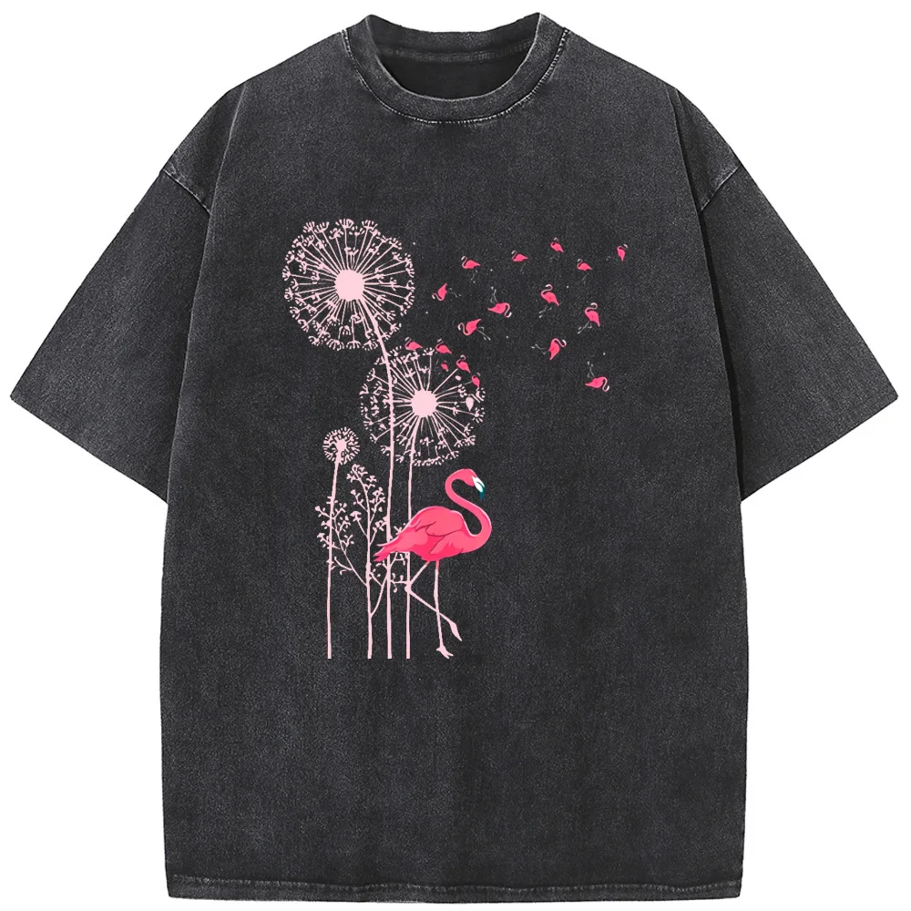 Women's Dandelion Flamingo Short-Sleeved Shirt 230 Grams Of High-Quality Washed Old Tshirt Vintage Loose Tshirt