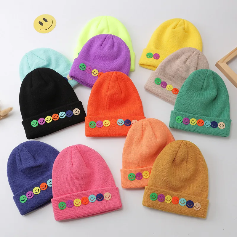 Winter Warm Candy Color Knitted Hat for Girls Boys Korean Version Beanie Hat Cute Cartoon Smile Face Kids Caps 6-24M