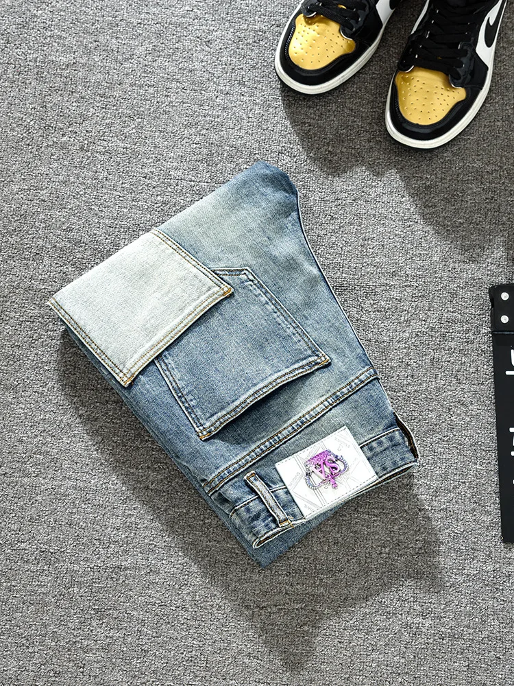 

2025 new men's clothing vintage jeans men's retro splicing street fashion design slim fit small straight denim pants