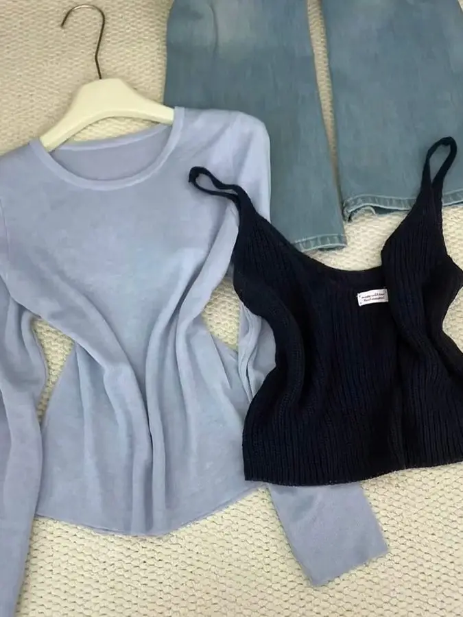 Large Size Korean Style Color Block Long Sleeve Knitted Sweater Women's Base Layer Hollow out Knitted Vest Two Piece Set Top
