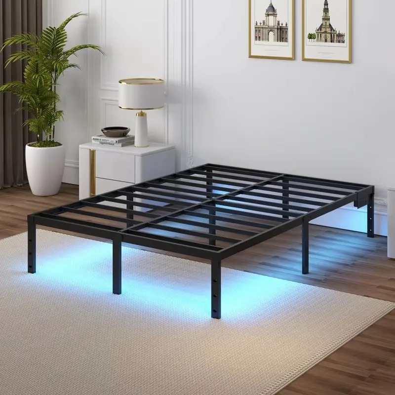Estrutura de cama de ferro reforçada, base de cama simples com faixa de luzes LED, cama de metal individual para apartamento ou quarto de aluguel.