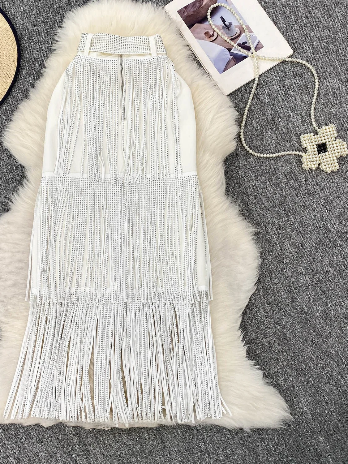 Długa spódnica midi z wysokim stanem, frędzlami i dżetami w kształcie gwiazdek, wyszczuplająca spódnica w kształcie litery A dla kobiet, letnia moda.