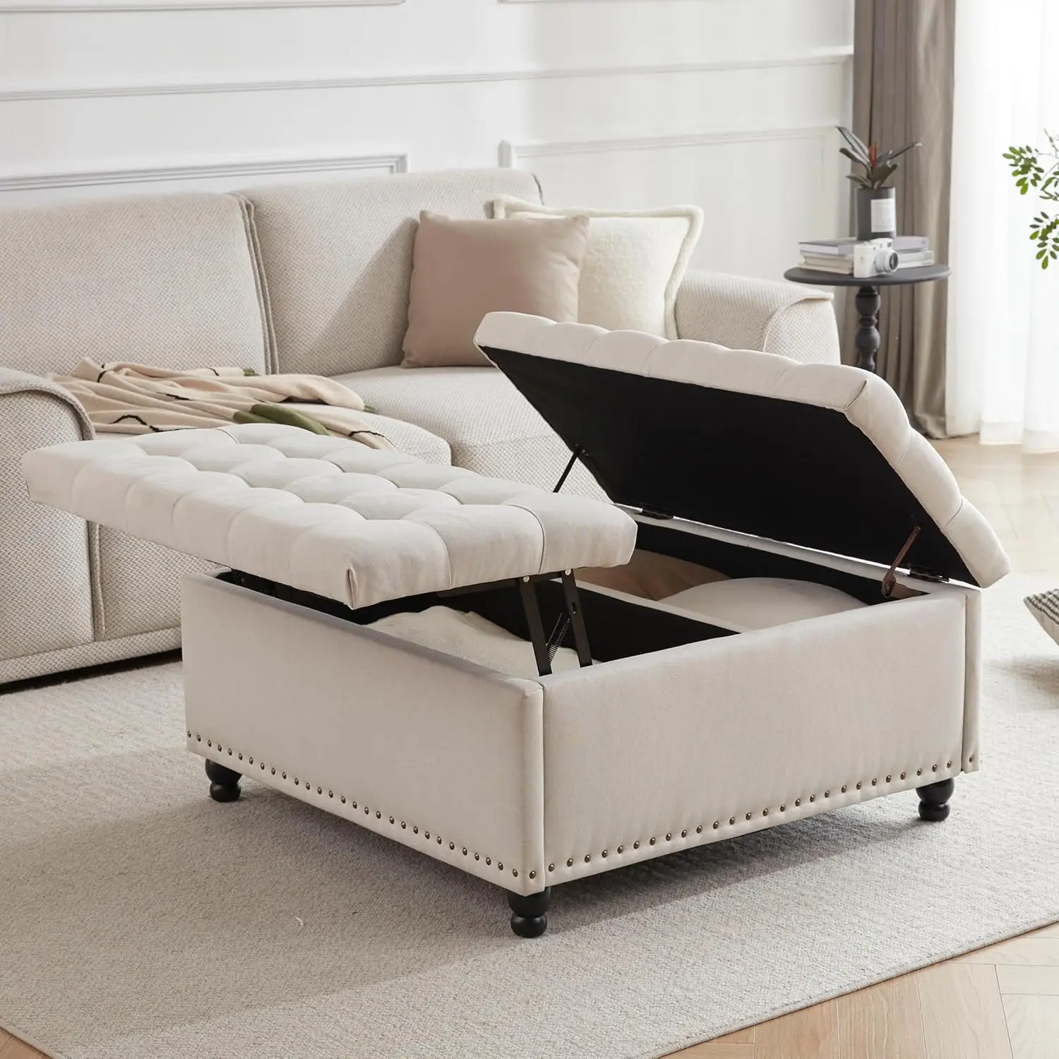 Large Square Storage Ottoman Bench, Tufted Upholstered Coffee Table Ottoman with Storage, Oversized Storage