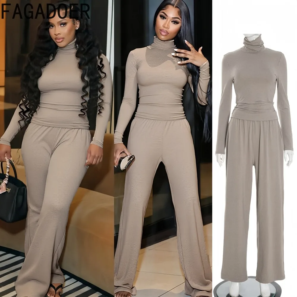 

FAGADOER Casual 2 Pieces Set for Woman Outfits Solid Color Long Sleeve Crop Top + Straight Leg Pants Female Streetwear Clothing