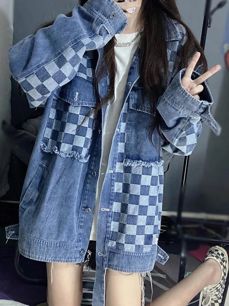 

Cool salt wear with checkerboard stitching cardigan washed denim jacket women's trend loose jacket top trend