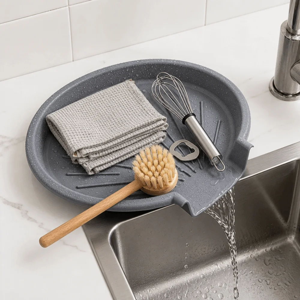 Non-Slip Sink Drain Pad Quick Dry Heat Resistant Countertop Drain Tray Grey Self Draining Dish Drying Mat Household