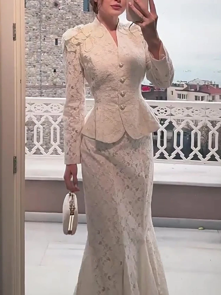 Women V-neck Long Sleeved Top with Skirt Two Piece Autumn Lace Embroidery Slim Fit Party Outfit Elegant Temperament Dinner Suit