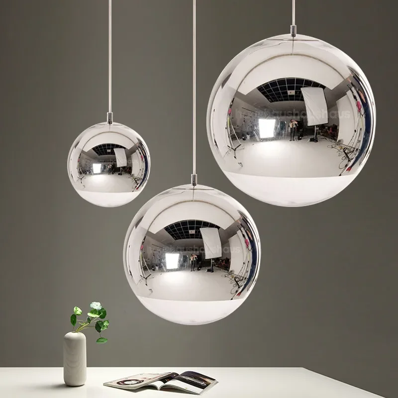 

Nordic Creative Electroplating Spherical Gold Bubble Glass Pendant Lights Silver Mirror Ball LED Chandelier Living Room Bedroom