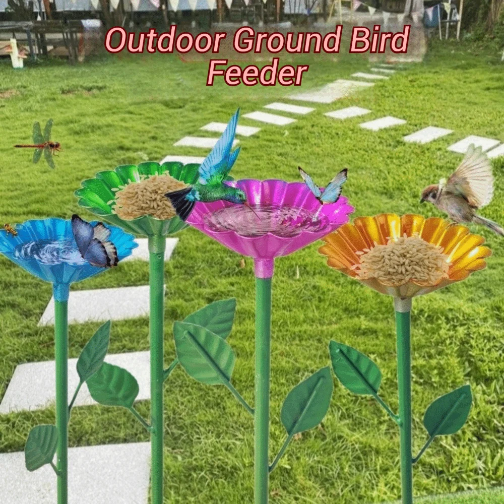 Bird Feeder Outdoor Bee Water Feeder Flower Design Iron Insect Drinking Cup Garden Stake Bee Watering Station Lawn
