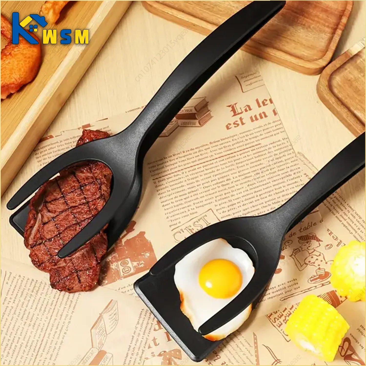 2in1 Flip Spatula Pliers Egg Turning Spatula Multi-Purpose Non-Stick Kitchen Pancake French Toast Omelette Kitchen Cooking Tools