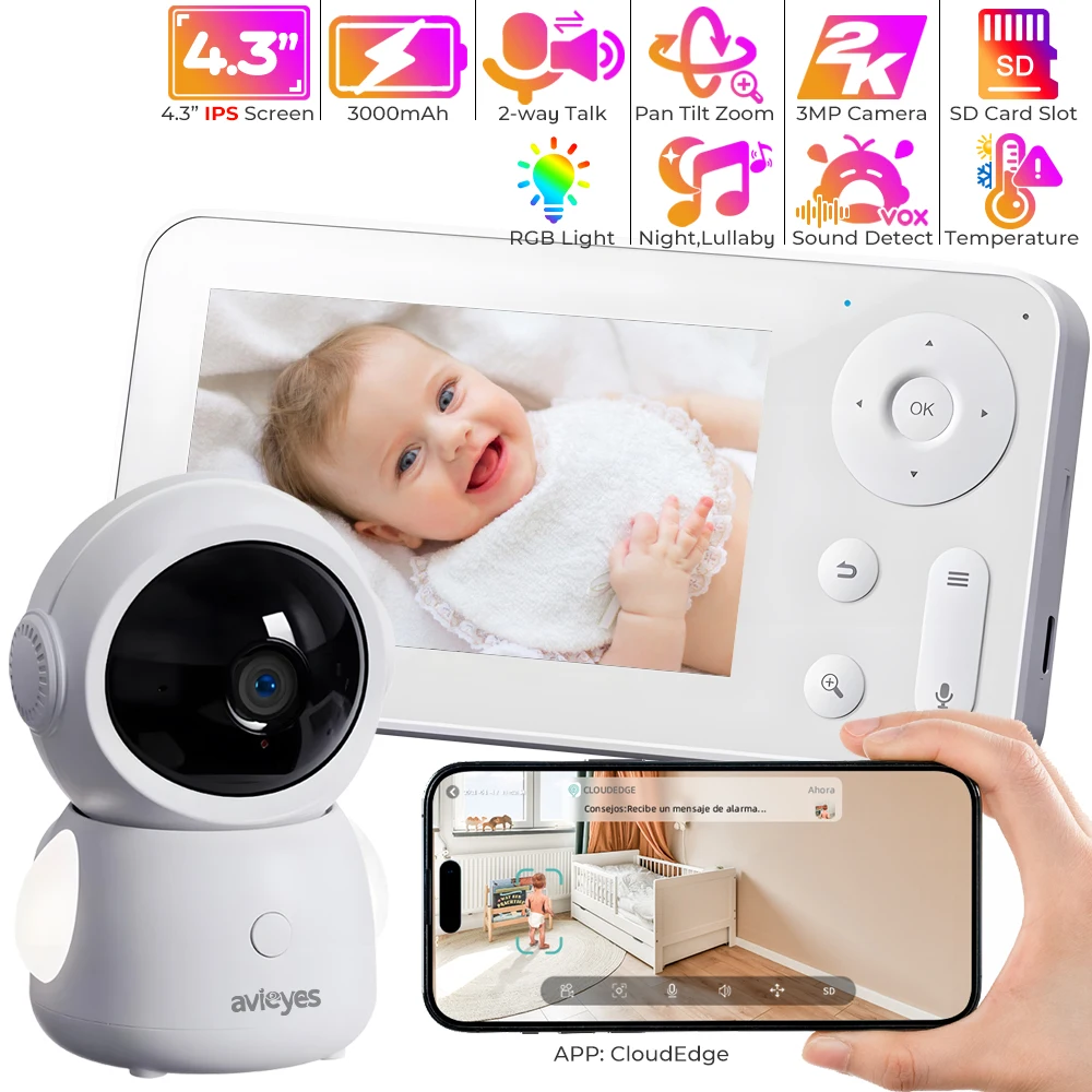 

4.3'' Baby Monitor 2K 3MP WiFi Smartphone Baby Camera Via Screen and App Control Video Record & Playback Night Light Baby Phone