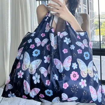 Bolsa de compras plegable reutilizable, bolsa de comestibles de viaje, ecológica, bonita, con estampado de mariposa, portátil, para supermercado
