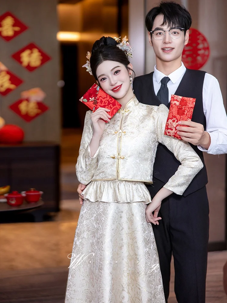 

Вечернее платье цвета шампань в китайском стиле, облегающее, с длинными рукавами, винтажное, для свадьбы и помолвки