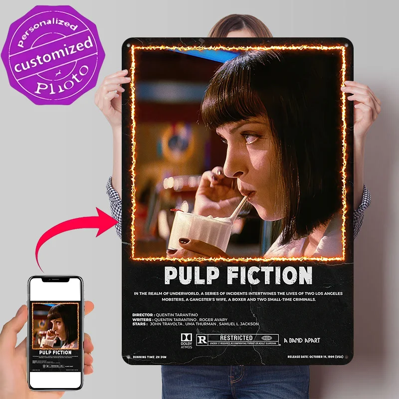 Pulp Fiction Movie 3D Texture Metal Poster Customized Wall Art Tin Sign Gift for Mancave Vintage Decor Room Funny Signs Home