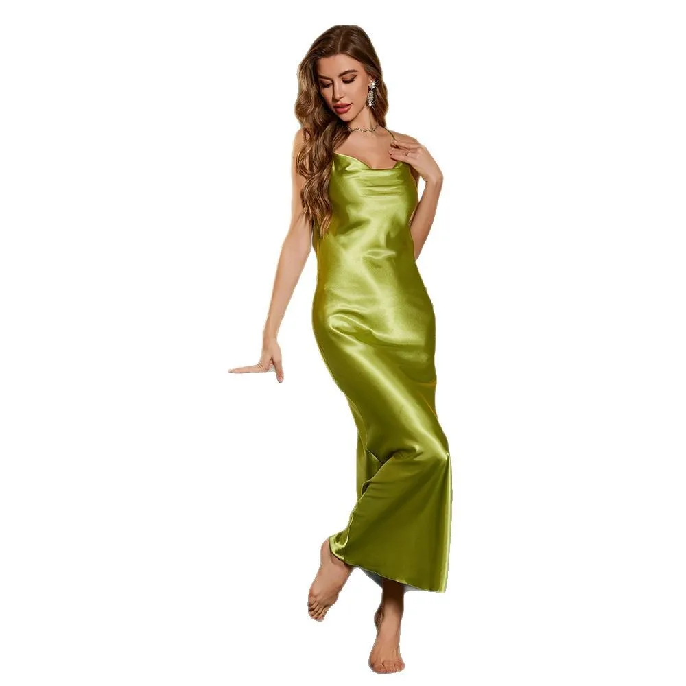 New Style Pajamas Women's Ice Silk Elegant Sexy Backless V-neck Sling Long Nightdress Fashion Sleep Dress