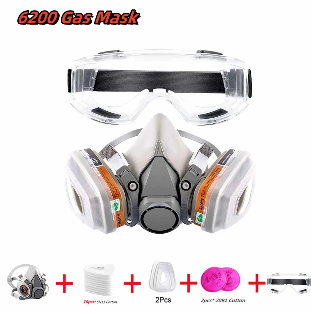 

6200 Полулицевая крышка Противогаз с очками Респиратор Многоразовый, Химическая полировка Сварка Деревообработка Защита работы