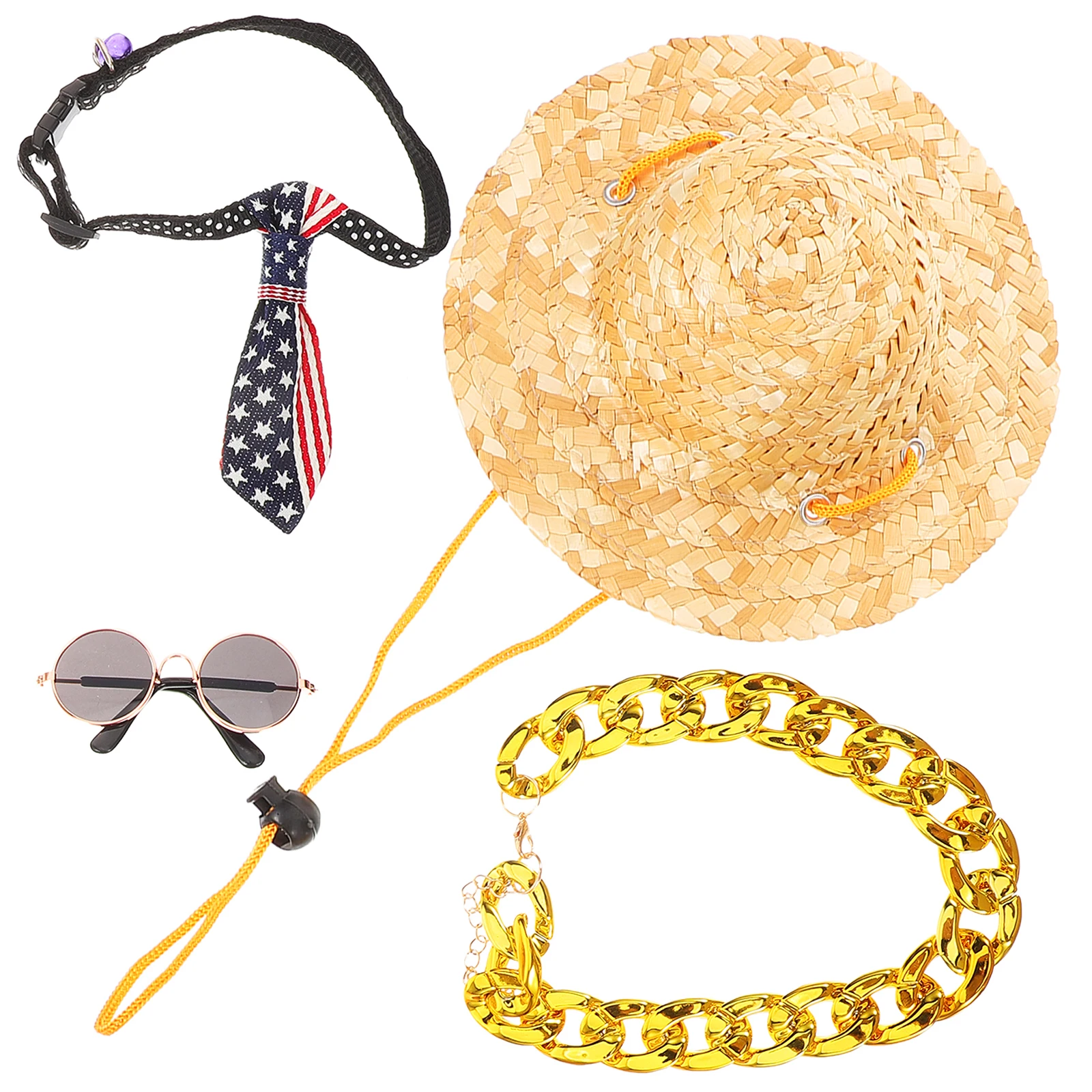 

1 set Pet Accessories Set Cat Hat Sunglasses Necklace Collar Photo Props Decorative Straw Costume Golden Fashion Comfortable