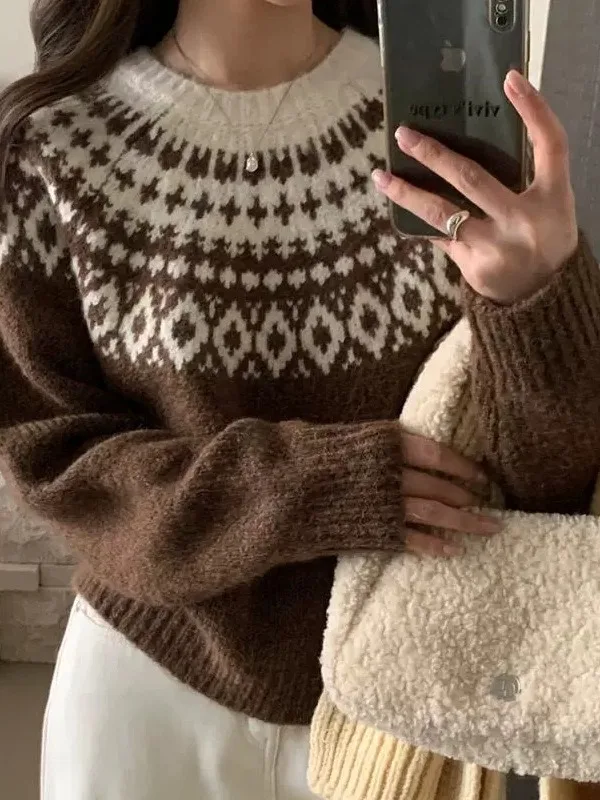 

Корейский зимний теплый свитер на голову, женский ретро-коричневый вязаный повседневный универсальный вязаный свитер, модный цветной дизайн