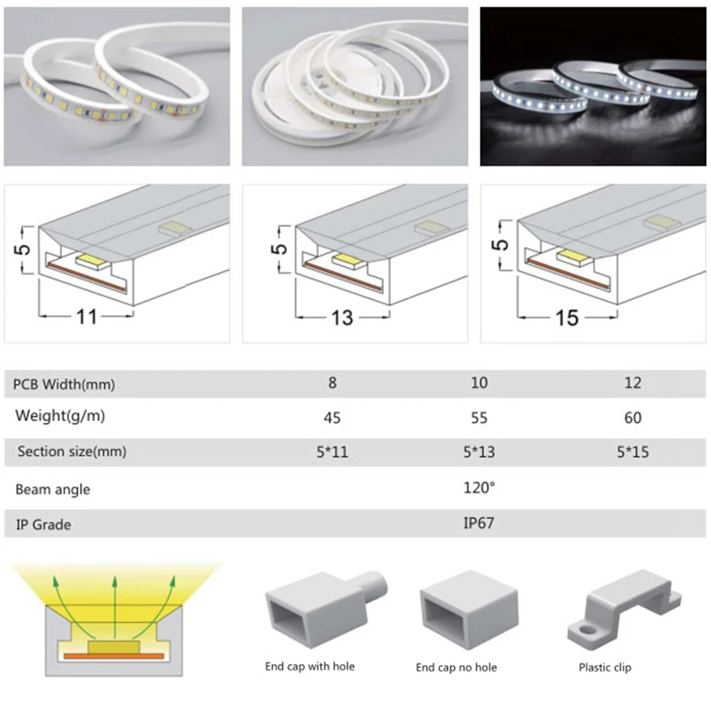 LED سيليكون النيون أنبوب T0511 T0513 T0515 غطاء حماية مرن شفاف ماتي أسود حليبي لشريط 8-12 مللي متر WS2812 WS2811