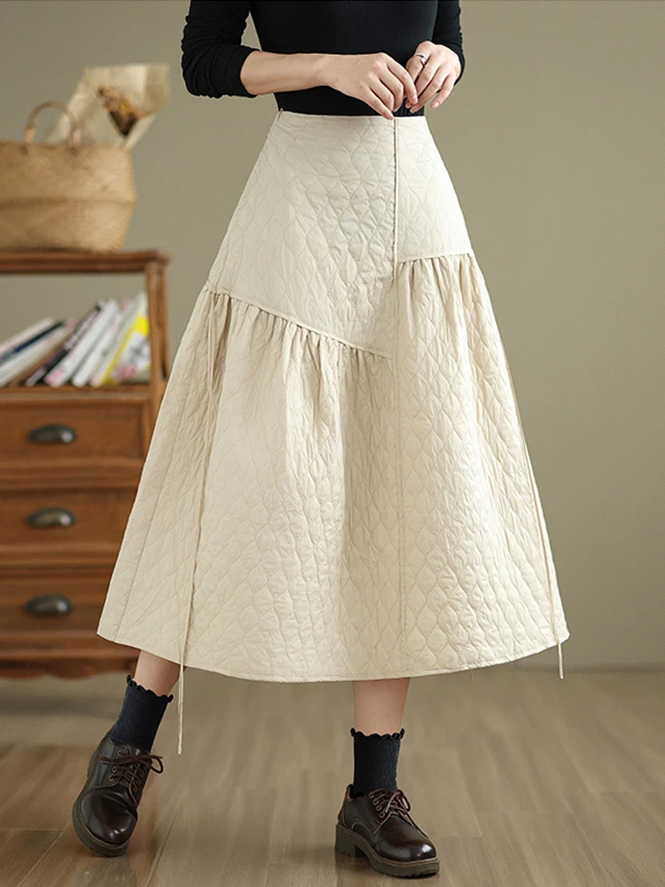 

2025 New Autumn Winter French Style Women Skirts Elegant Fashion Plaid Cotton-padded A-Line Skirts Patchwork Quilted Midi Skirts
