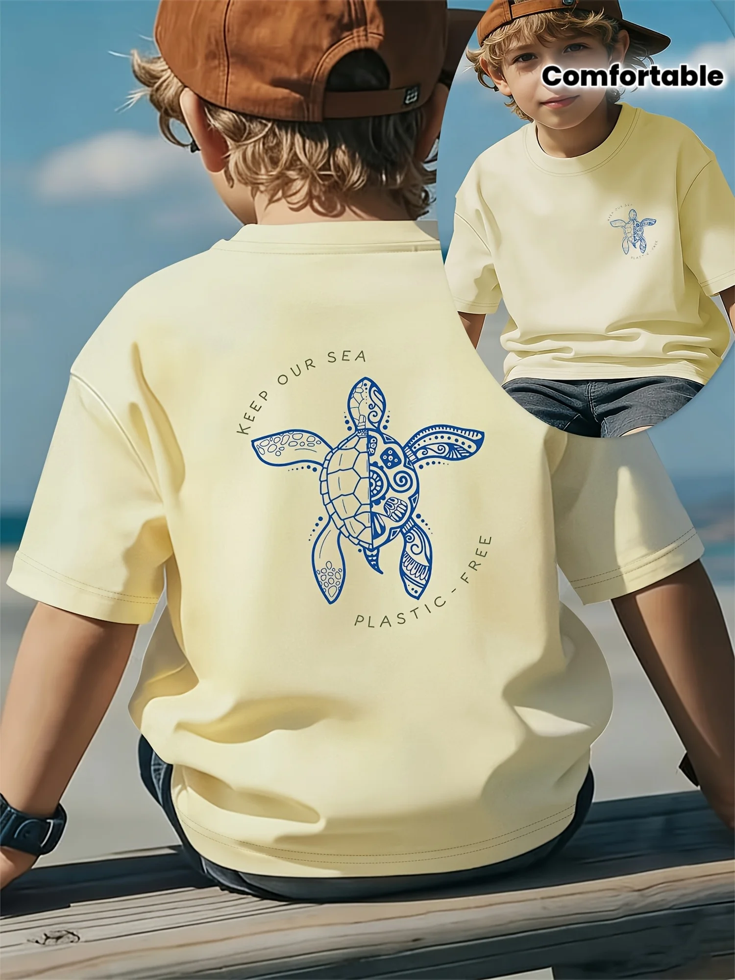 1‑14Y Boys Spring Summer Short Sleeve T‑Shirt, Blue Watercolor Sea Turtle Nature Art Front‑Back Print Casual Top