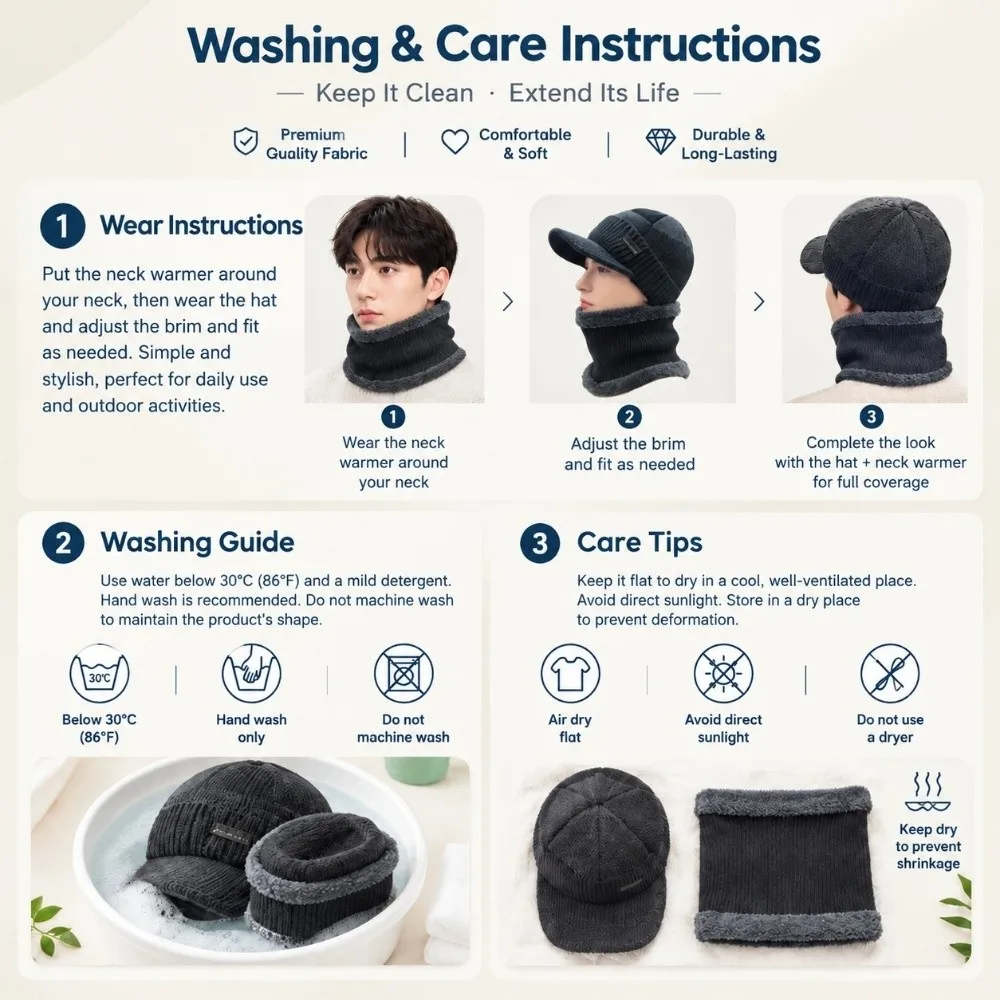 2Pcs/Set Fashion Warm Knitted Beanie Hat Fur Lined Thickened Scarf Caps Windproof Soft Neck Protect Cap Outdoor